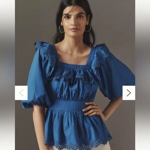 Maeve Blue Puff Sleeve Ruffled Blouse